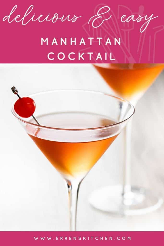 two glasses of Manhattan cocktails and cherries to garnish