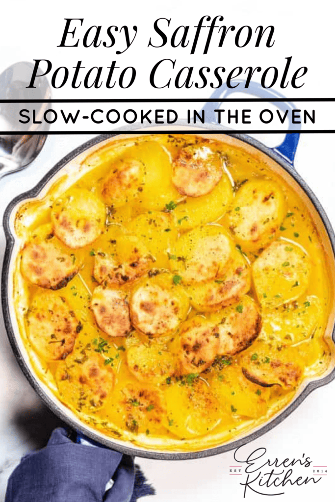 Delicious sliced potatoes cooked with saffron in a casserole dish.