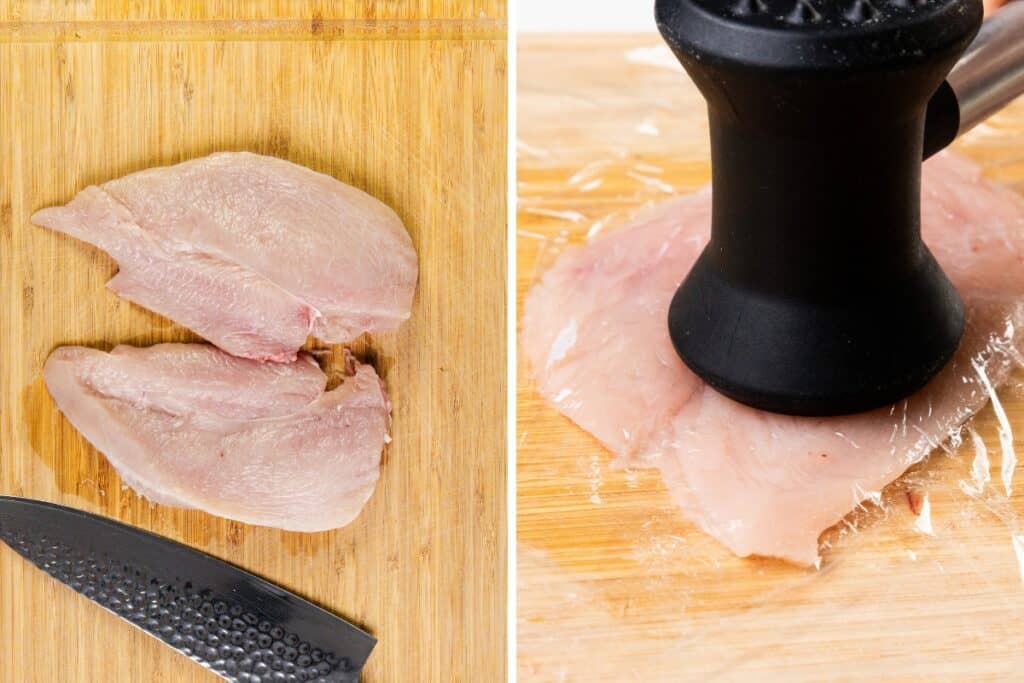 On the left, two raw chicken breasts beside a knife on a wooden cutting board; on the right, a meat mallet pounding chicken for tender, juicy results—perfect for pairing with creamy mushroom sauce.