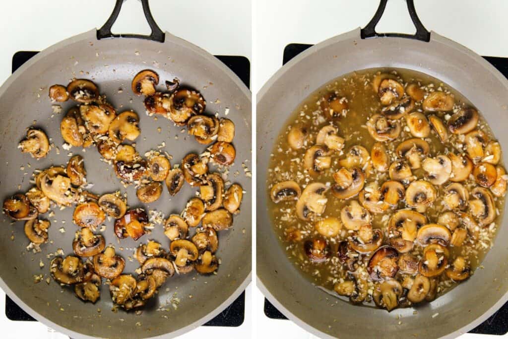 Side-by-side images show a pan of sautéed mushrooms with garlic on the left, and on the right, mushrooms simmering in a creamy mushroom sauce—perfect for pairing with chicken. Both pans are set on a stovetop.