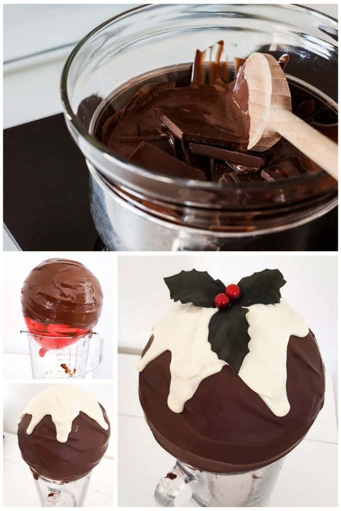 a compliation of pictures of chocolate being melted and made into a dome.