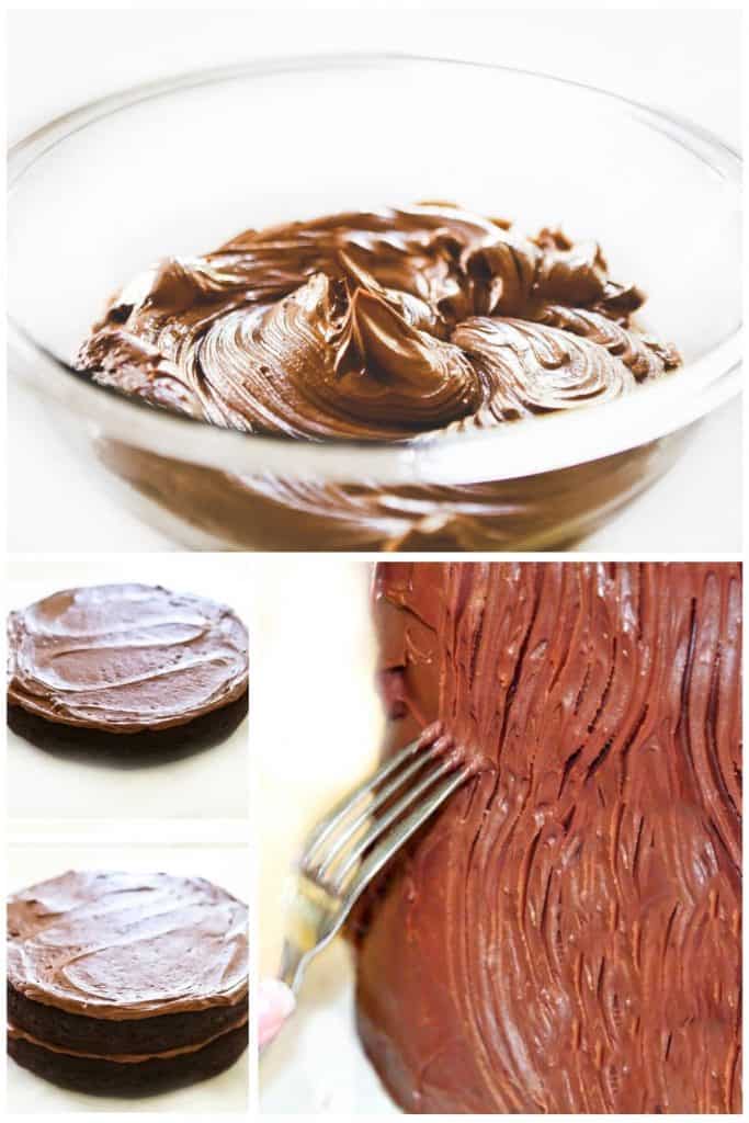 a medley of pictures showing chocolate cake being decorated with frosting