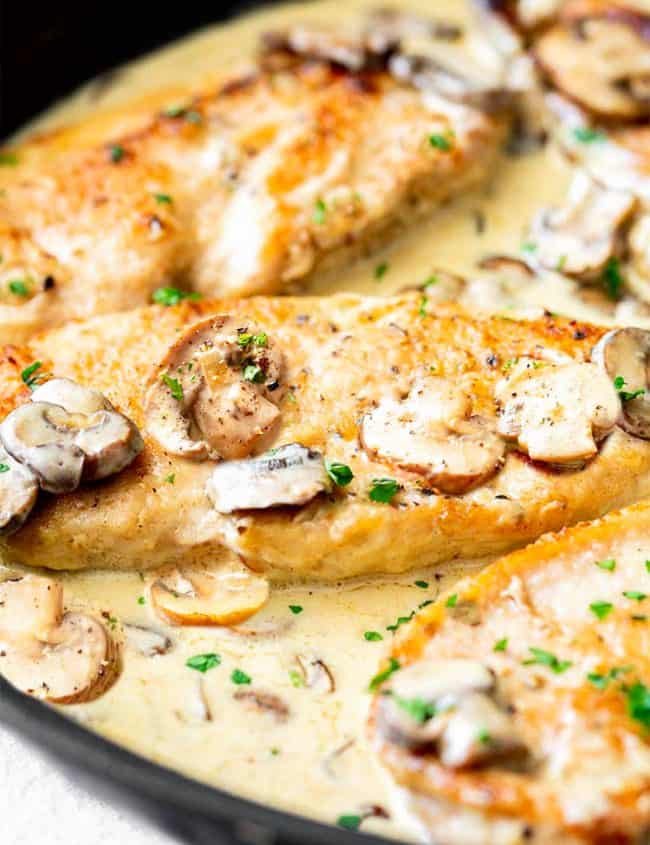 creamy mushroom chicken in a skillet ready to be served.