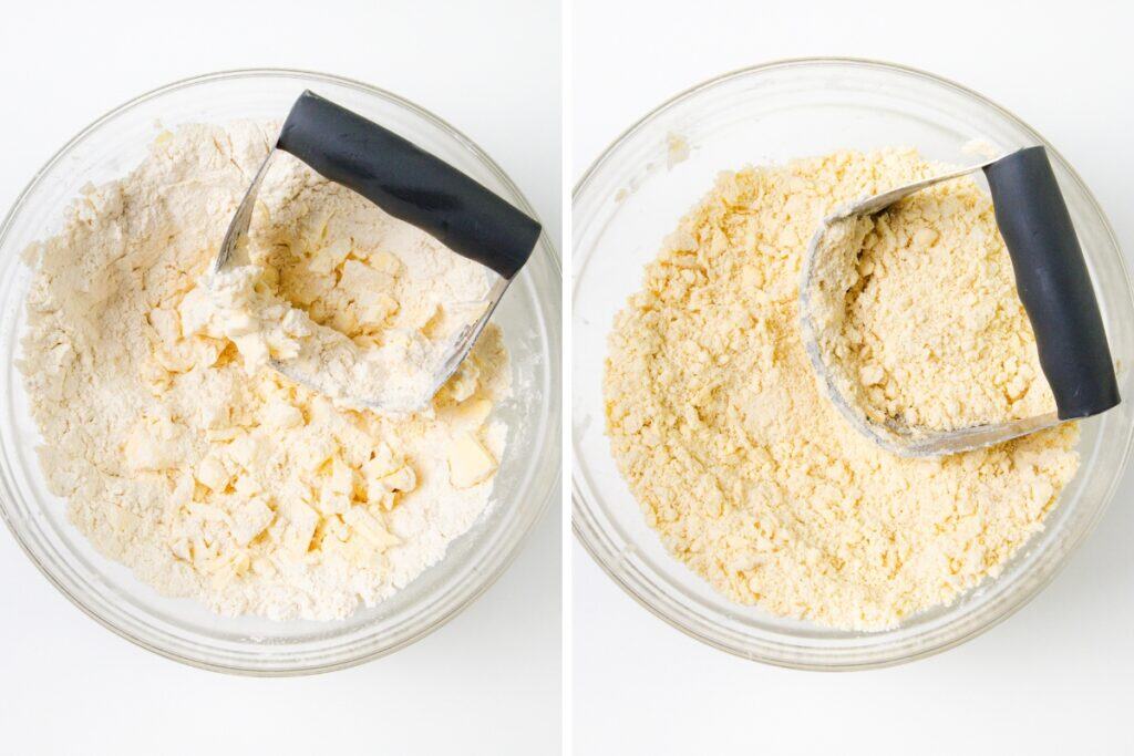 Two glass bowls with flour mixtures are shown side by side, demonstrating how to make pie crust. Each bowl holds a pastry cutter—one with larger butter chunks and one with a finer, crumbly texture after mixing.