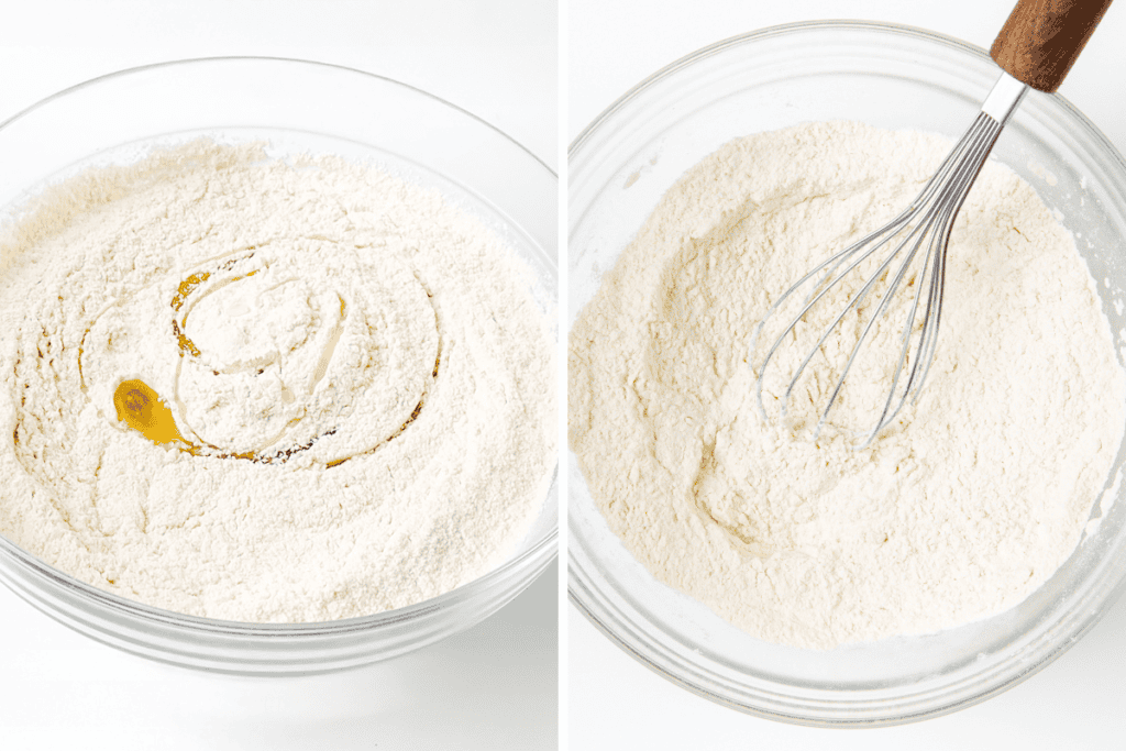 Side-by-side images: Left, a glass bowl with flour and a swirl of oil; right, the mixture being stirred with a metal whisk—demonstrating how to make pie crust from scratch.