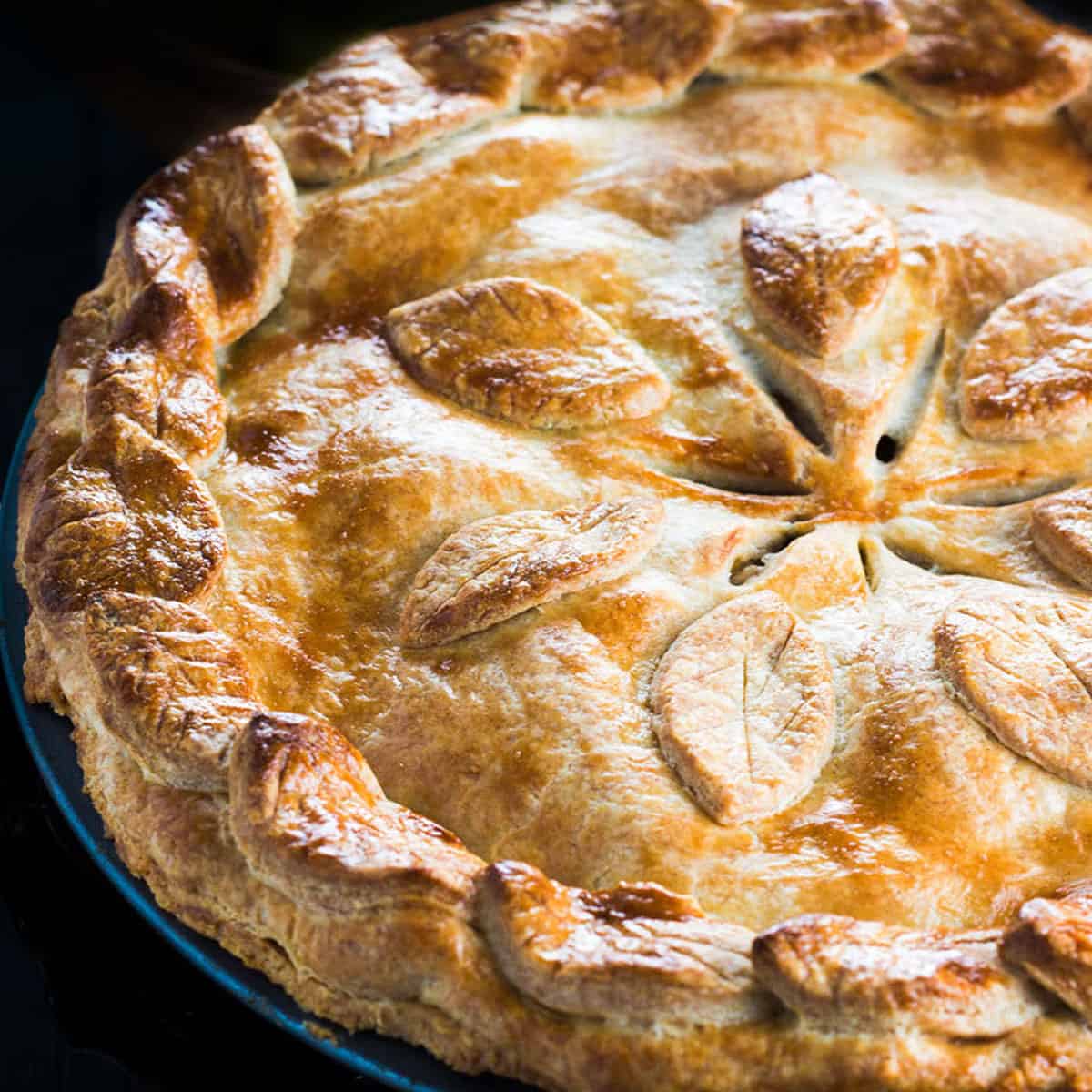 A baked pie with golden crust