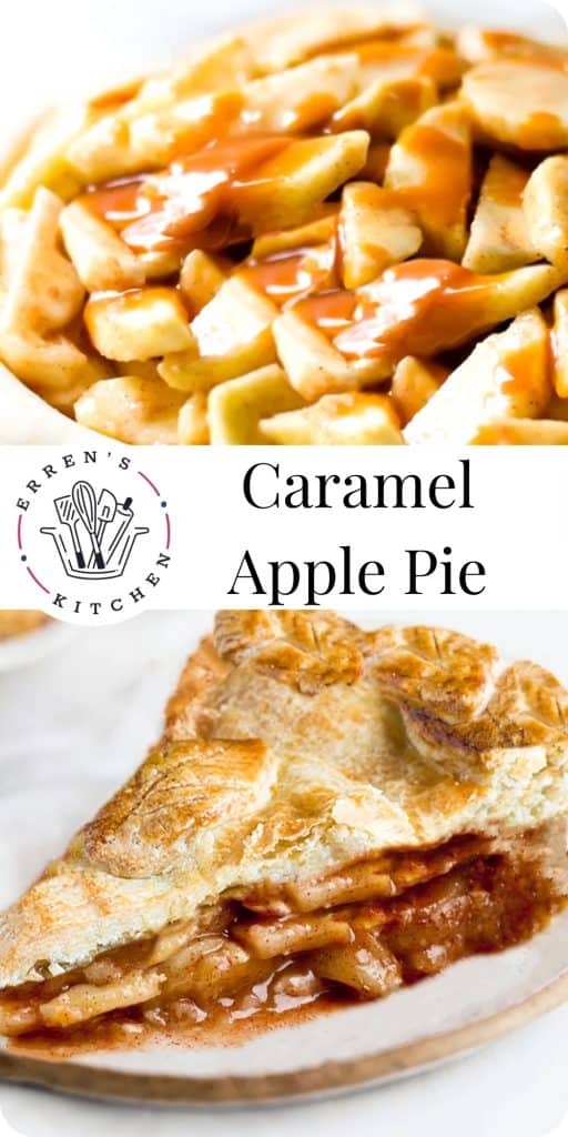 sliced apples in pie dough with caranel sauce and a slice of apple pie