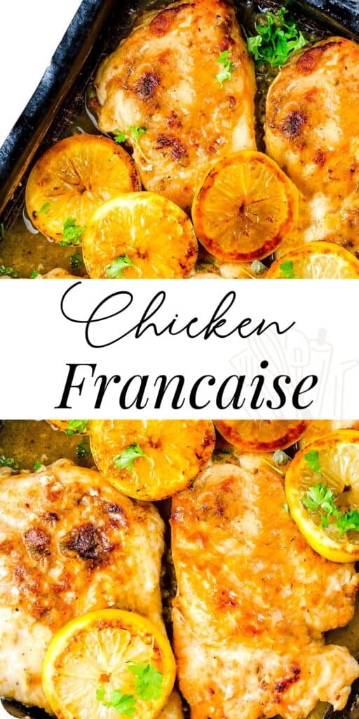 a pan full of Chicken Francaise with sliced lemons in the sauce