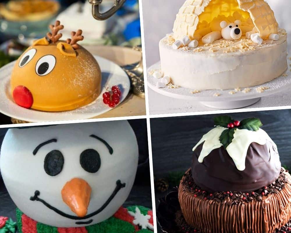 a photo of a snowman cake, a reindeer and an igloo