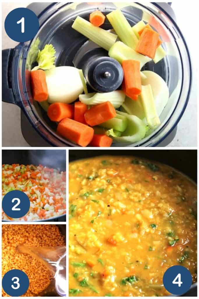 a variety of photos showing the process of making red lentil soup