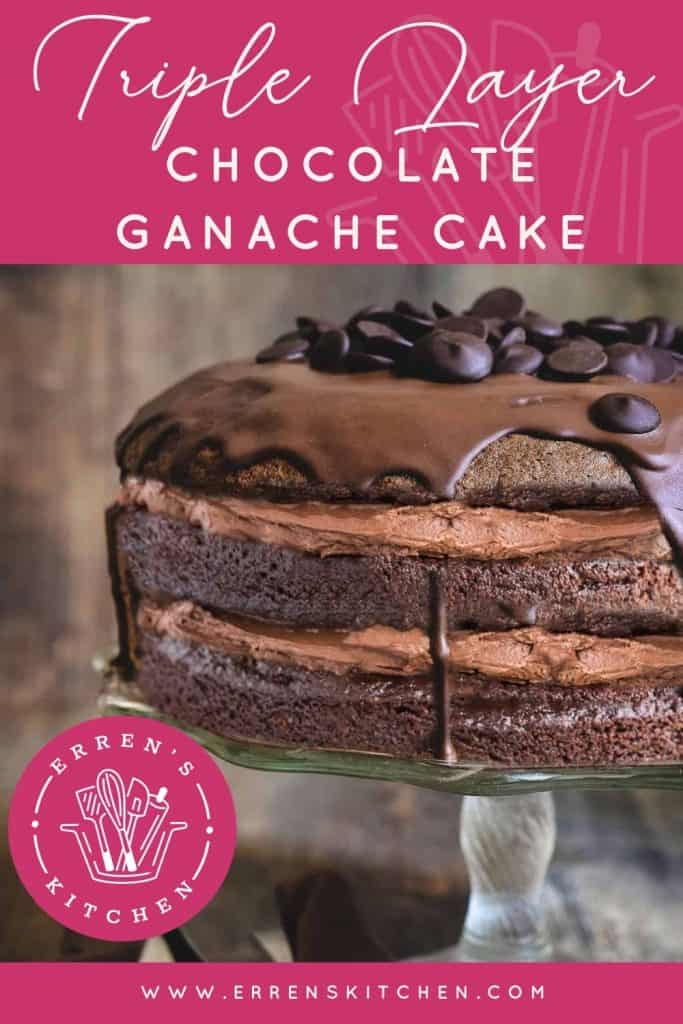 Triple Layer Chocolate Ganache Cake on a cake stand ready to serve