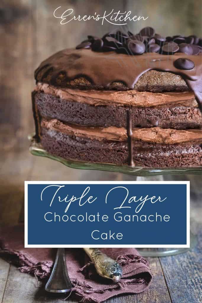 Triple Layer Chocolate Ganache Cake on a cake stand ready to serve