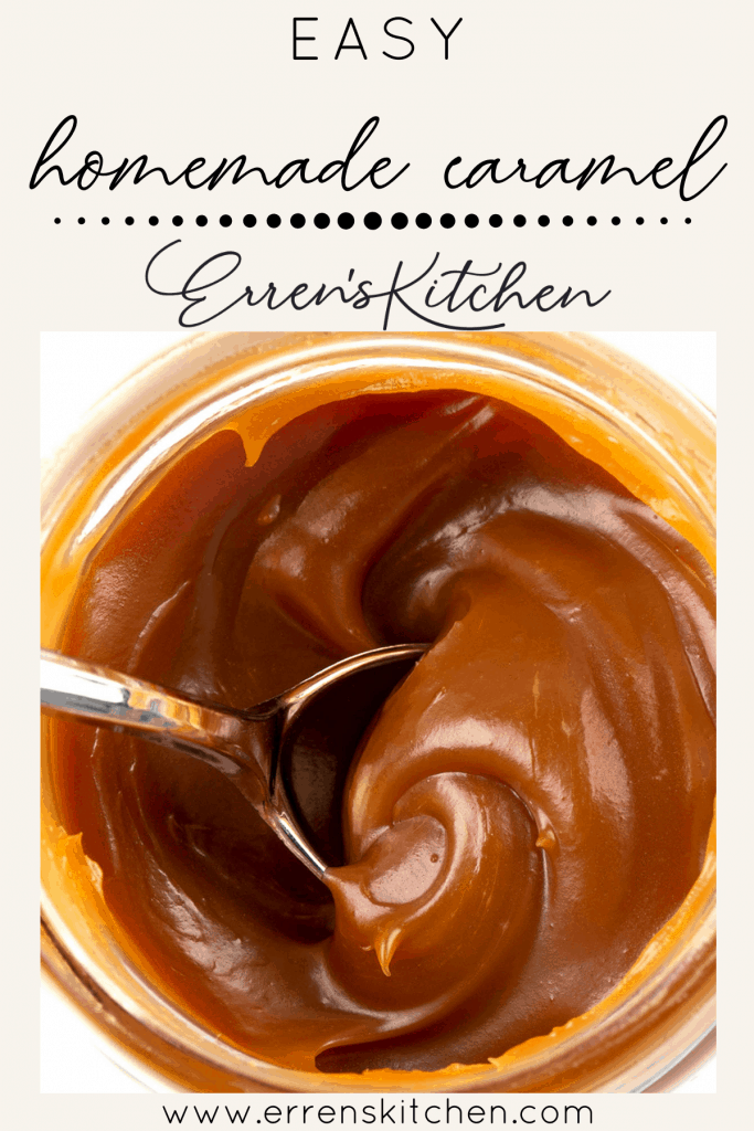 a jar of caramel from above with a spoon in it