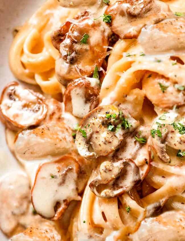 picture of chicken and mushroom alfredo on a plate
