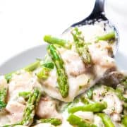 a spoon of chicken and Asparagus in a cream sauce