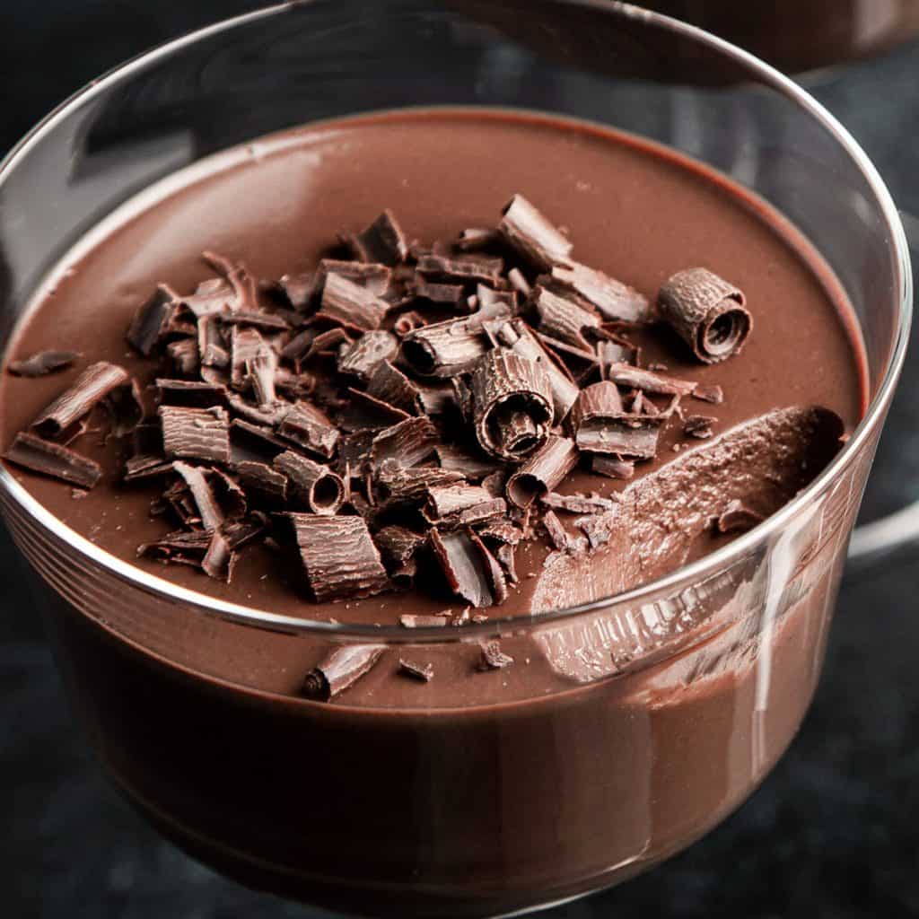 Chocolate Ganache in a stemmed glass topped with chcolate shavings