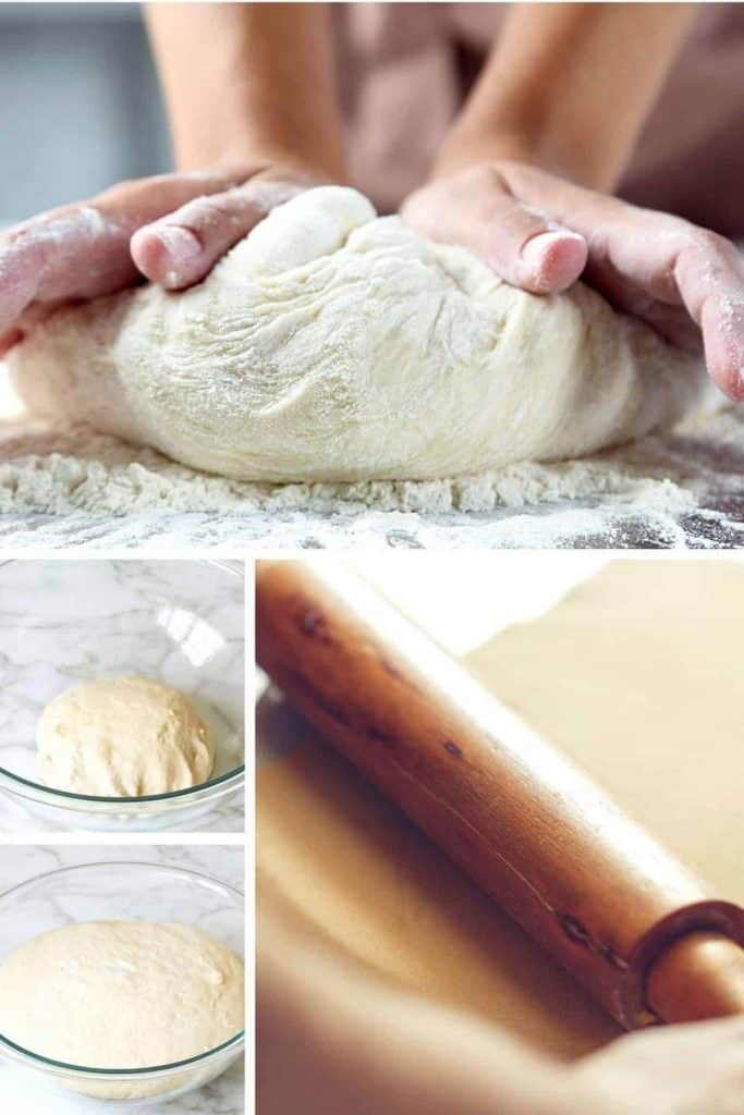 A collage of pictures of dough being kneaded and rolled.