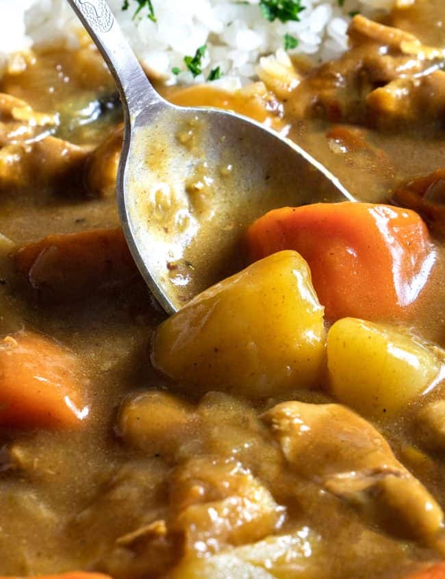 A spoon in a dish of Japanese Curry with chicken potatoes and carrots