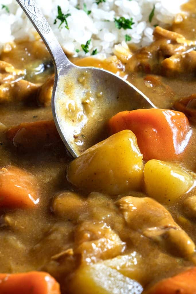 A spoon in a dish of Japanese Curry with chicken potatoes and carrots