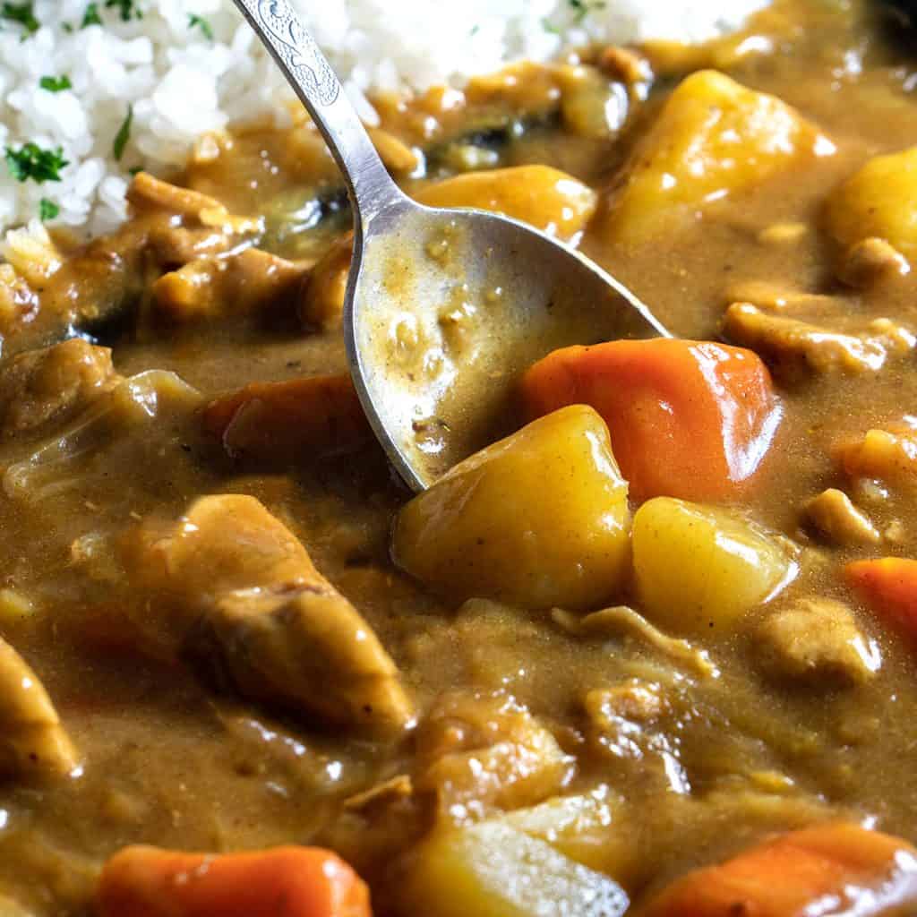 A spoon in a dish of Japanese Curry with chicken potatoes and carrots