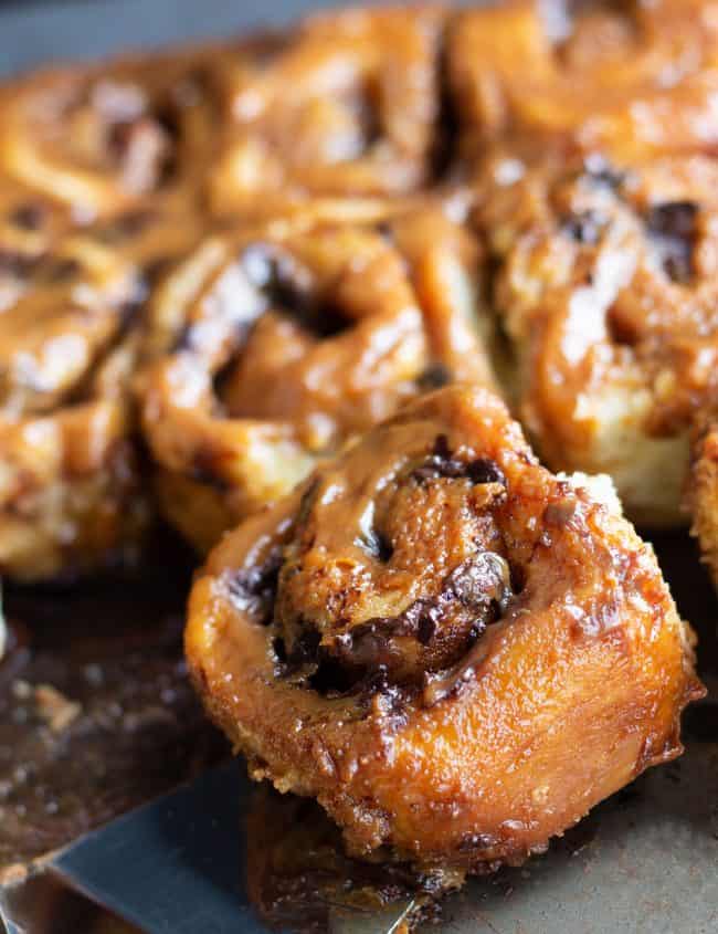 chocolate and caramel sticky buns straight out of the oven