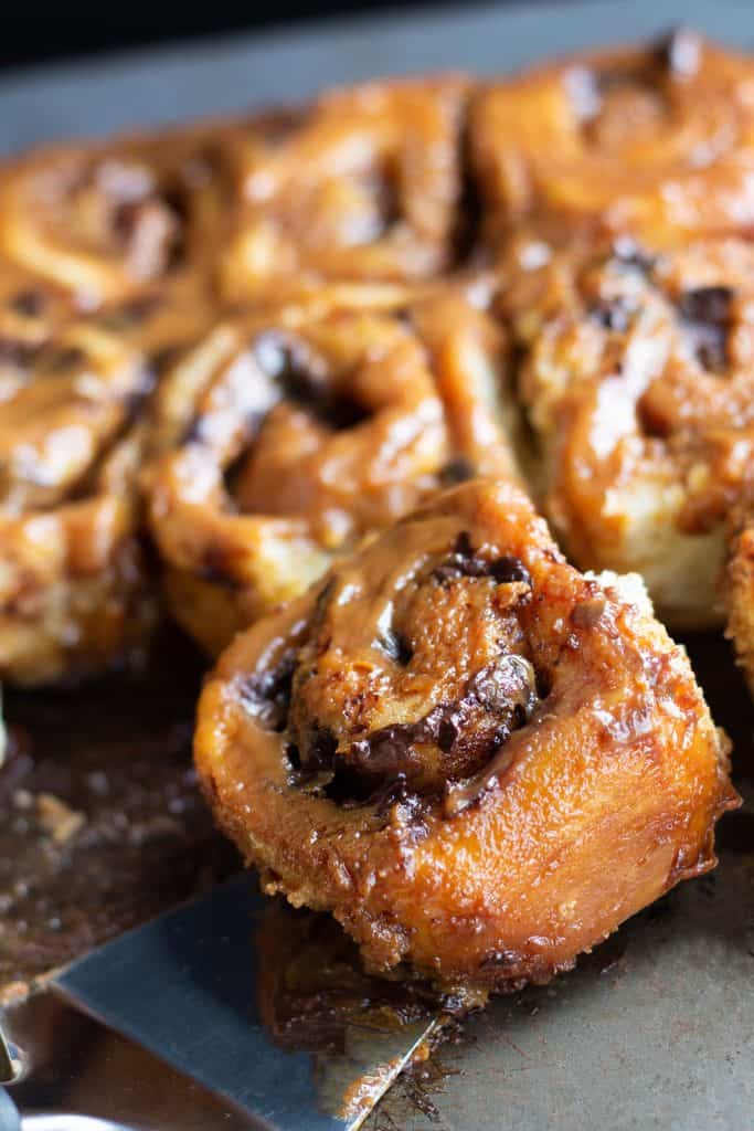 chocolate and caramel sticky buns straight out of the oven