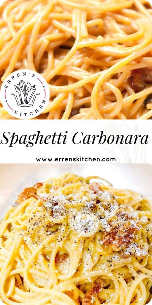 two photos of freshly cooked Spaghetti Alla Carbonara