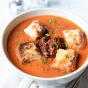 Tomato Soup with Cheesy Croutons and red pesto