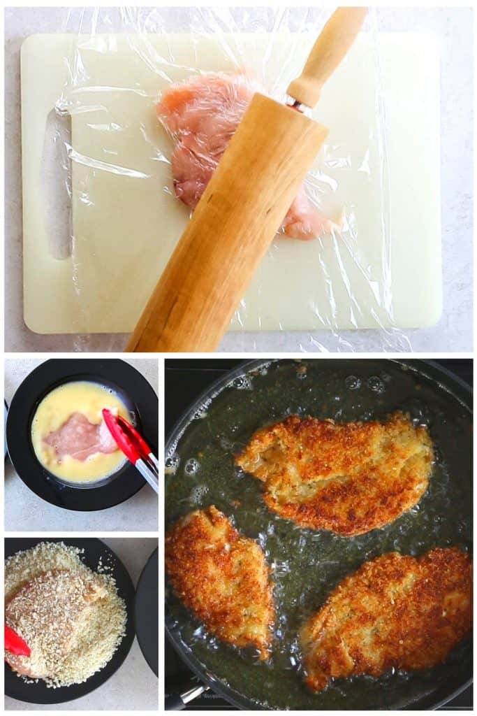 a series of photos showing how to pan fry the chicken