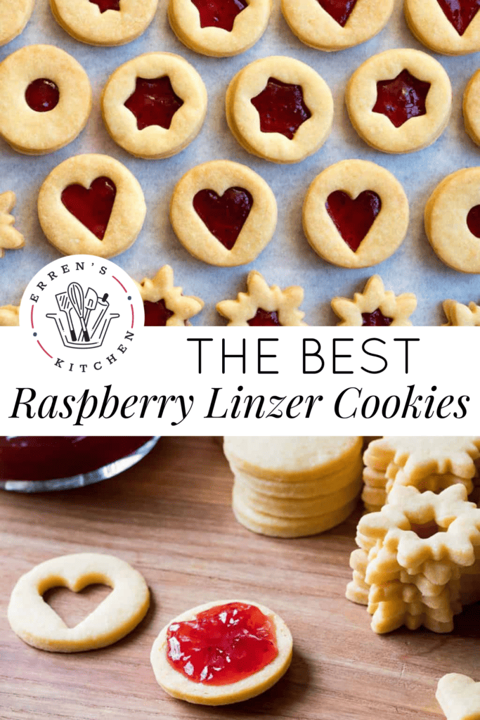 The top photo is of linzer cookies with raspberry jam and heart, star, and snowflake cut outs are lined up in rows. The bottom photo is of raspberry jam in the center of a linzer cookie and a stack of linzer cookies behind it.