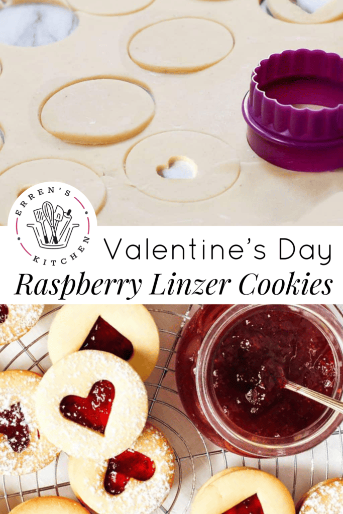 The top photo is of linzer cookies being cut out of the cookie dough. The bottom photo is raspberry linzer cookies with heart shaped cut outs in the center and a far of raspberry jam placed next to them.