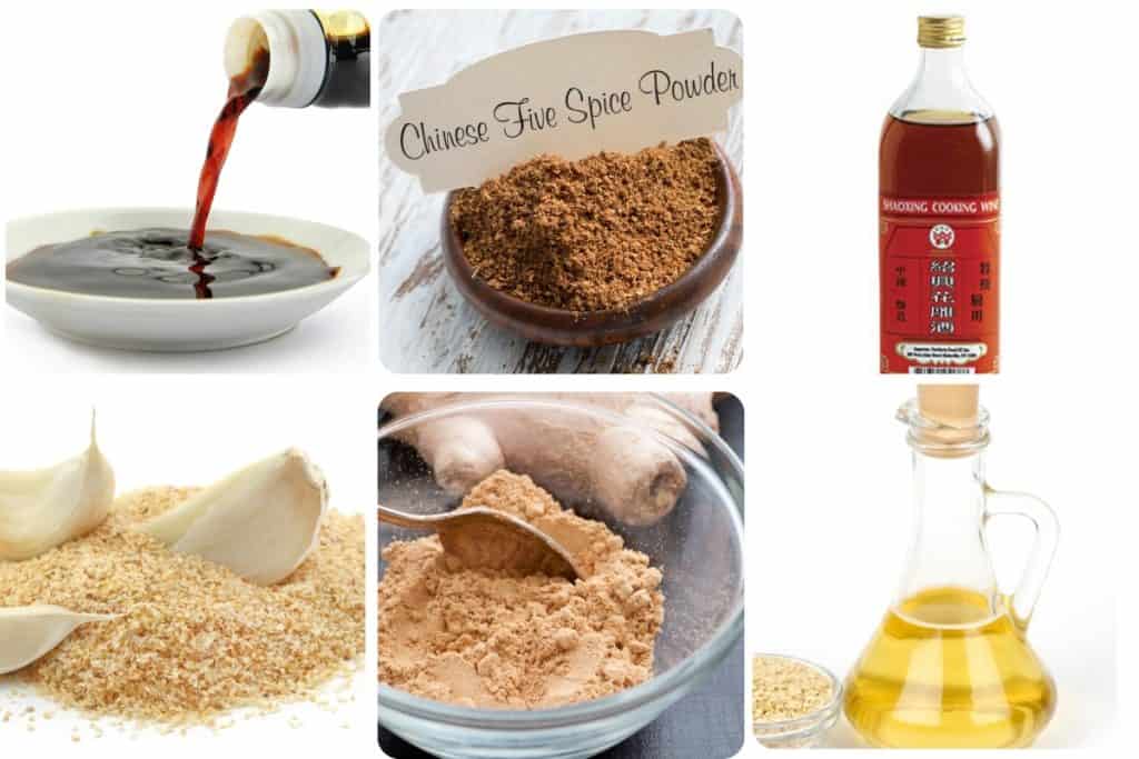 soy sauce, chinese five spice, chinese rice wine, garlic powder, ground ginger, and rice vinegar