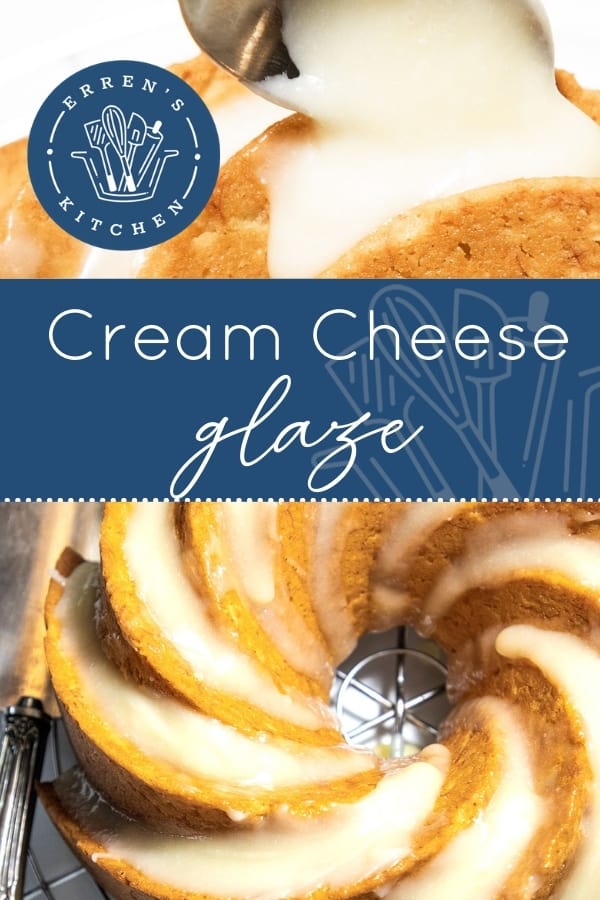 cream cheese glaze being spooned onto a cake