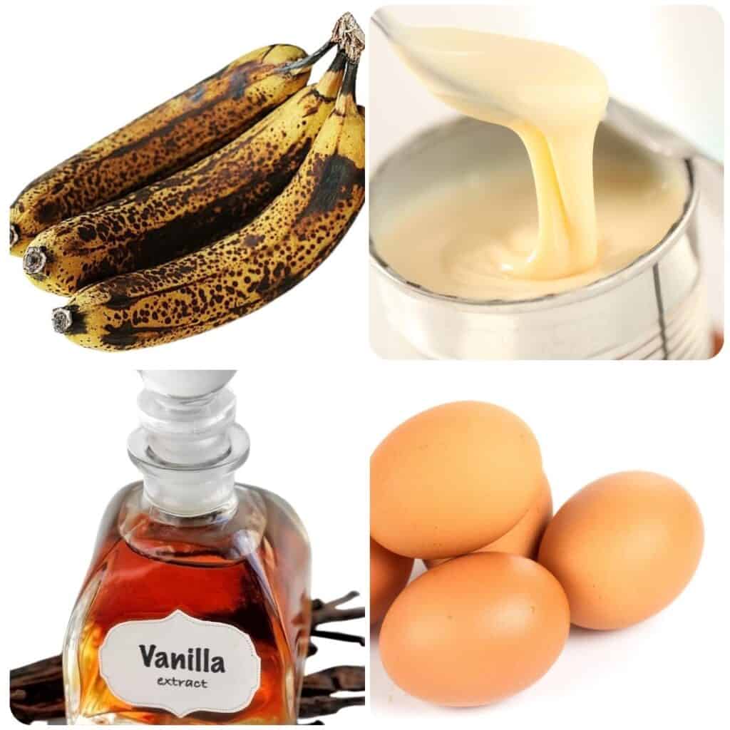 very ripe bananas, condensed milk, vanilla extract, and eggs