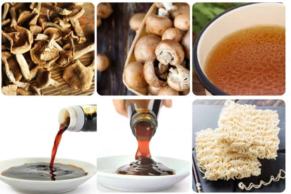 dried mushrooms, mushrooms, stock, soy sauce, oyster sauce, and dried noodles