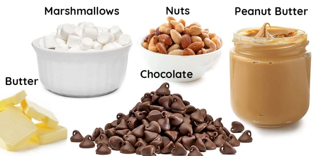 a photo of chocolate, marshmallows, nuts, butter, and peanut butter