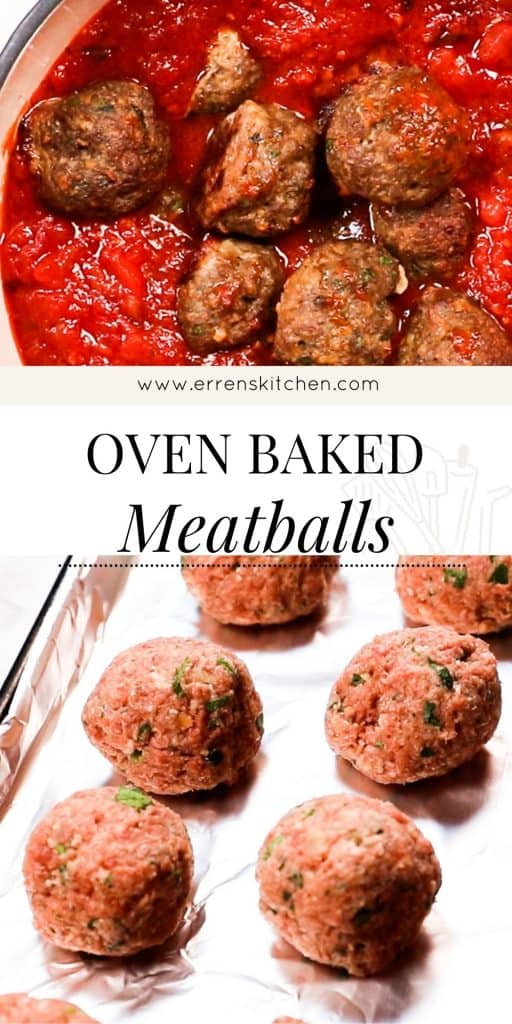 a collage of two pictures of meatballs ready to bake and in sauce