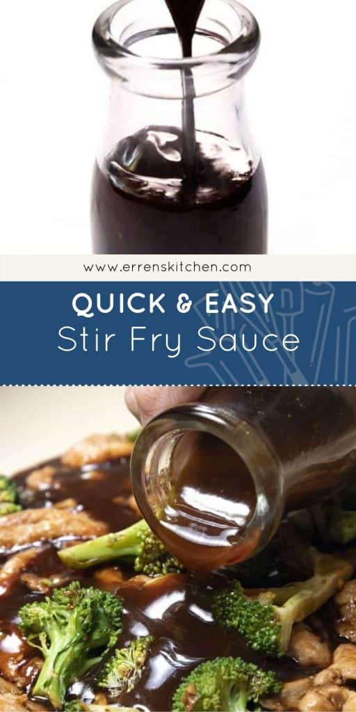 stir fry sauce in a bottle, and being poured onto a stir fry