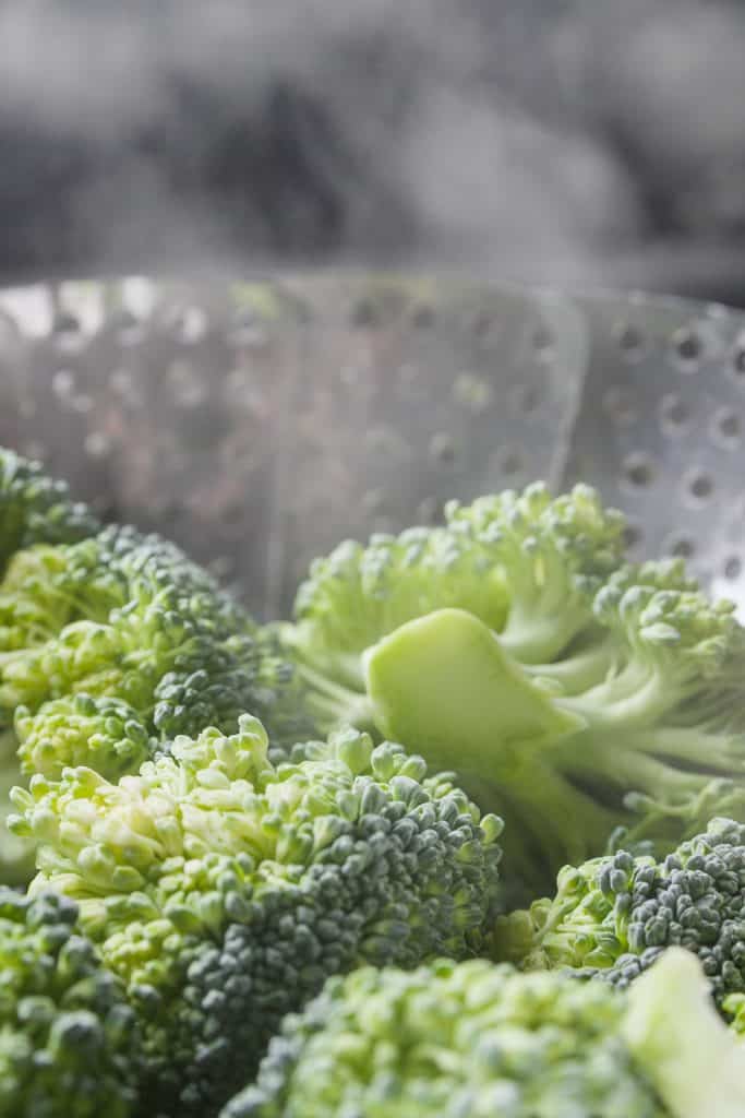 Freshly steamed green broccoli in steamer