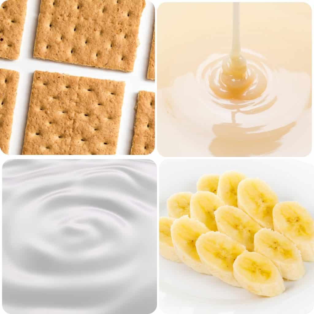 four pictures of graham crackers, condensed milk, cream and bananas