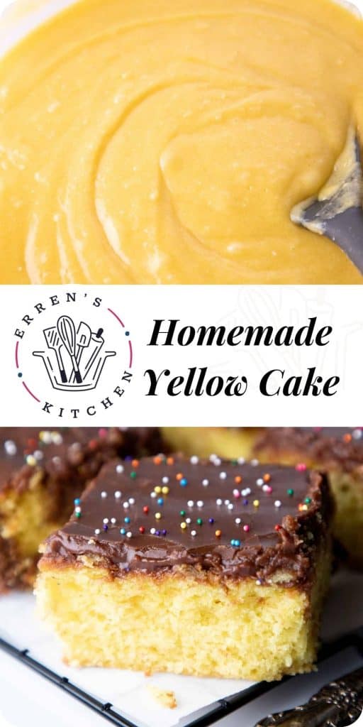 a slice of yellow cake with chocolate frosting