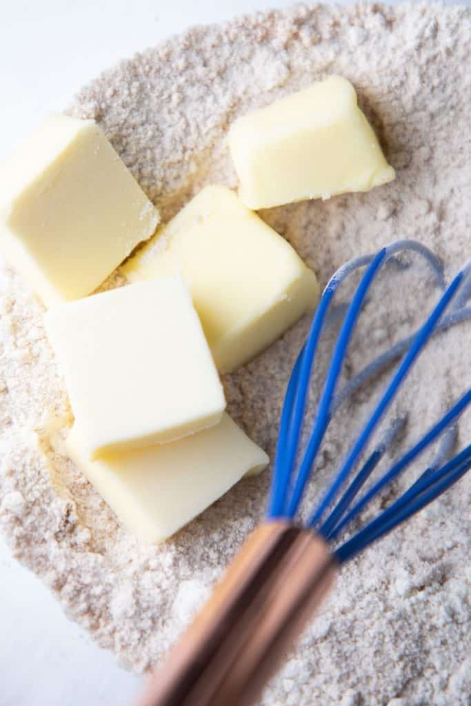 butter, sugar and flour ready to make into crumb topping