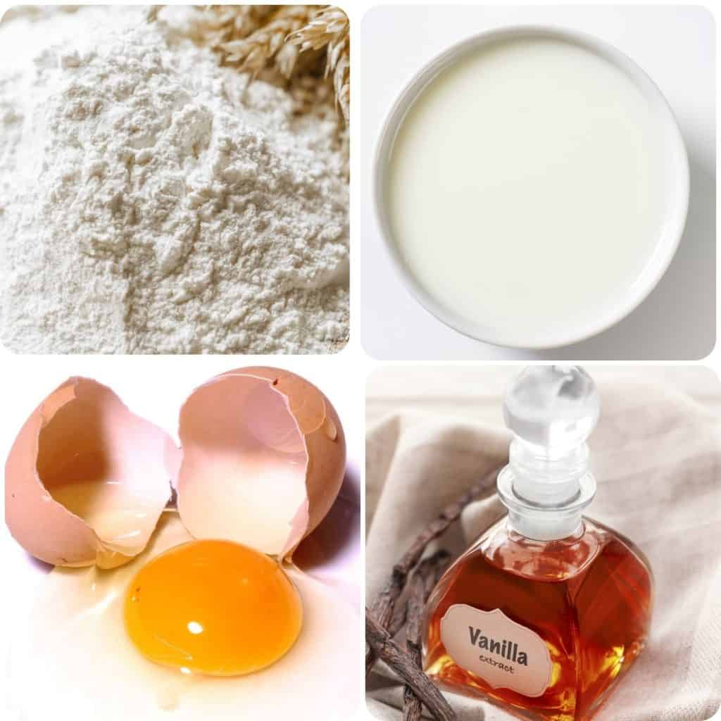 four pictures of flour, buttermilk, egg and vanilla
