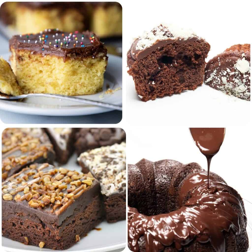 a selection of phtos showing cakes and desserts with chocolate frosting