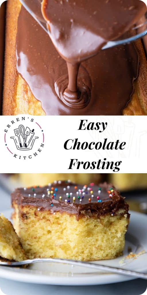 chocolate frosting being poured onto a sheet cake