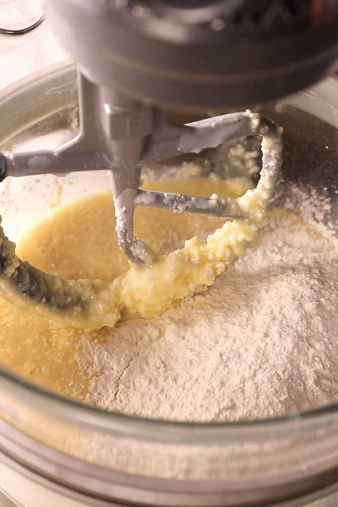 flour added to the batter in the bowl