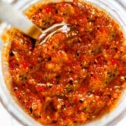 overhead shot of a jar of salsa