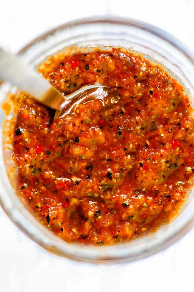 overhead shot of a jar of salsa