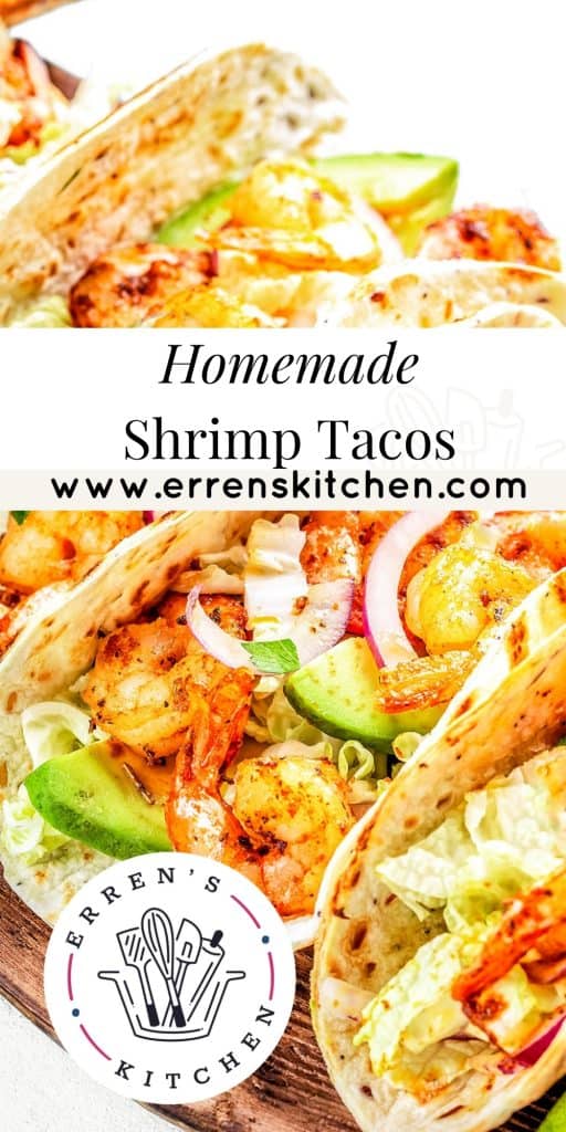 shrimp tacos on a wood serving platter
