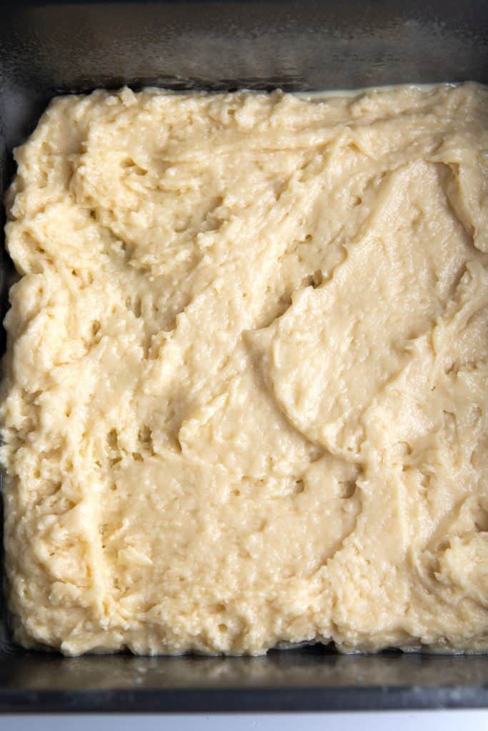 cake batter in a pan ready to bake